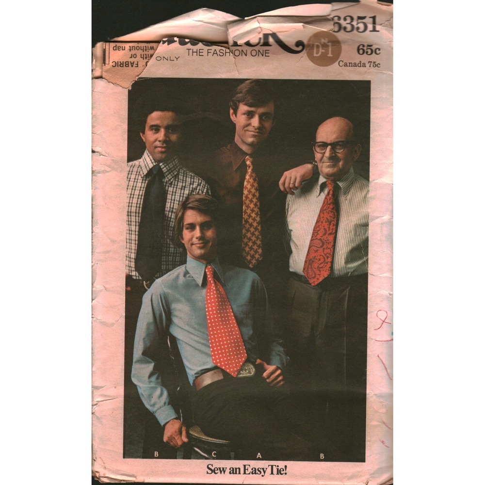Vintage Butterick 6351‎ Mens Tie Sewing Pattern 3 Widths 3.5 4.5 5 Inch cut